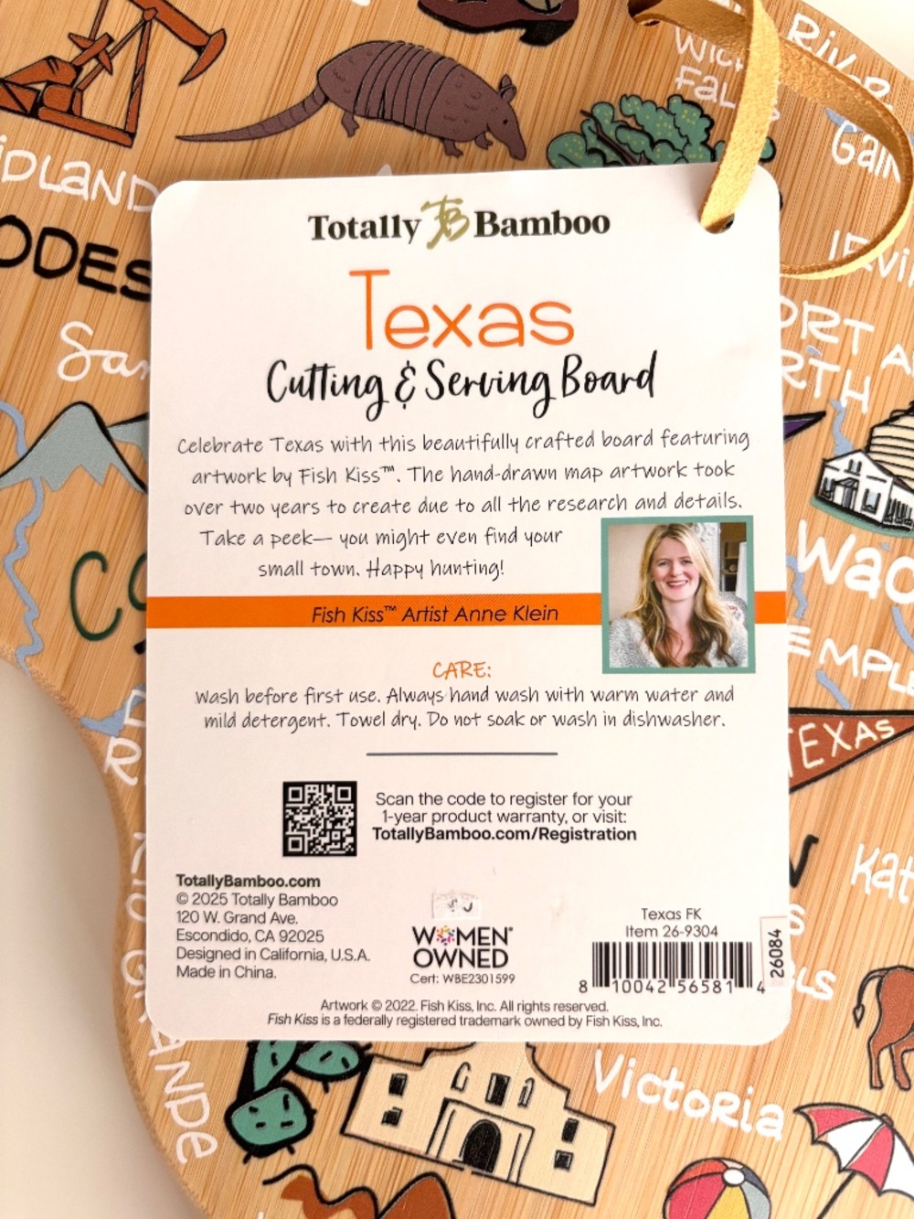 NWT Totally Bamboo Texas State Shaped Cutting Board with Artwork by Fish Kiss - Picture 3 of 7
